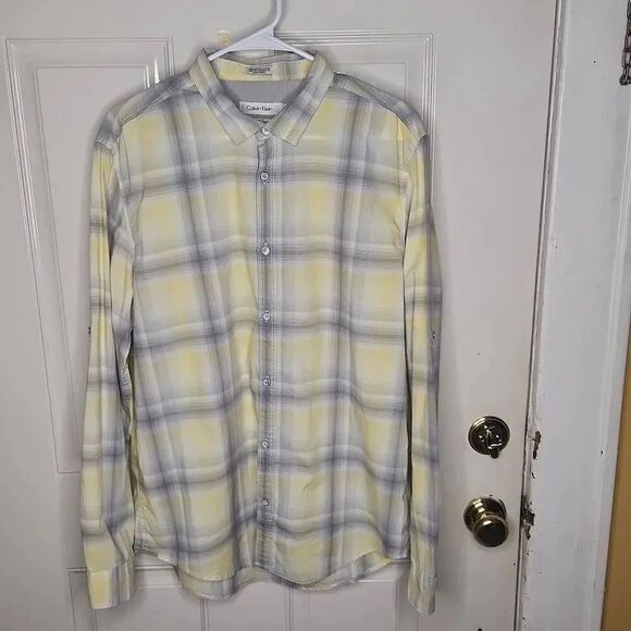 Calvin Klein classic fit long sleeve  yellow and gray  plaid shirt men's… - Picture 1 of 2